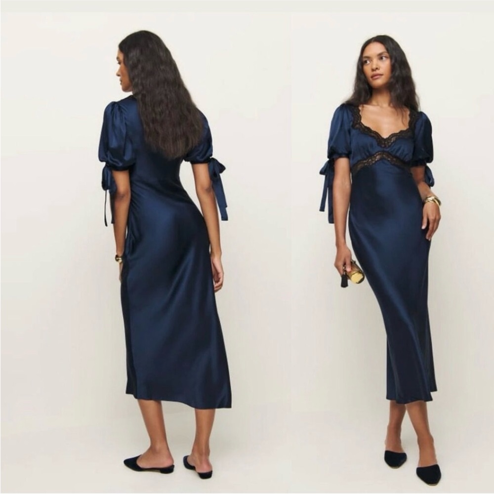 Reformation Stella Silk Maxi Dress Navy
Puff Sleeves w/ Tie Lace Details
